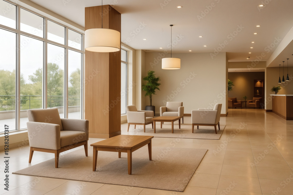 Fototapeta premium Spacious Hotel Lobby with Natural Light and Minimalist Seating