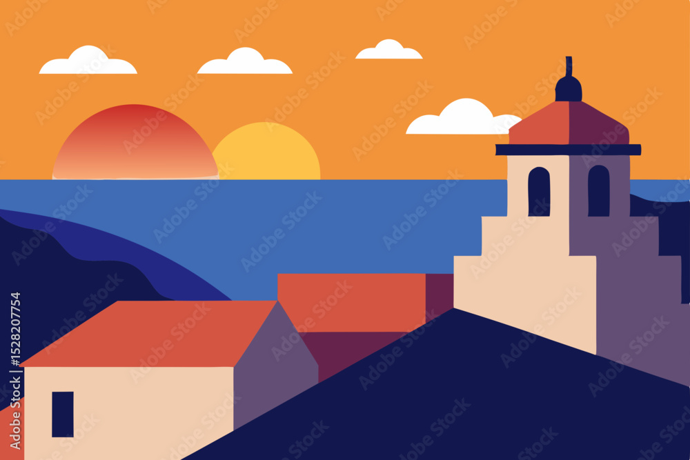 Naklejka premium Old church architecture in Oia Santorini Greece with a blue sky and Mediterranean landscape