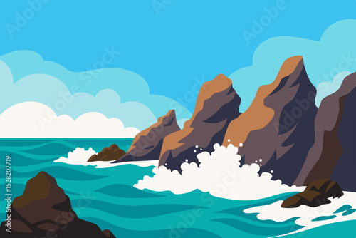 Scenic island landscape with a tranquil ocean, vibrant sky, and distant mountains at sunset