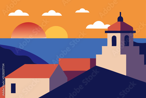 Old church architecture in Oia Santorini Greece with a blue sky and Mediterranean landscape