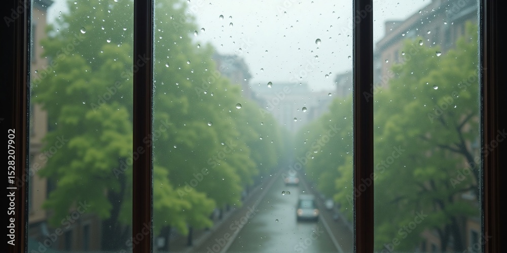 Naklejka premium Rain Drops on Window with Defocused Urban road background