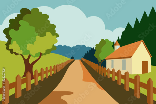 A vibrant vector illustration of a country road in autumn, winding through a forest toward a charming village home under a bright sky