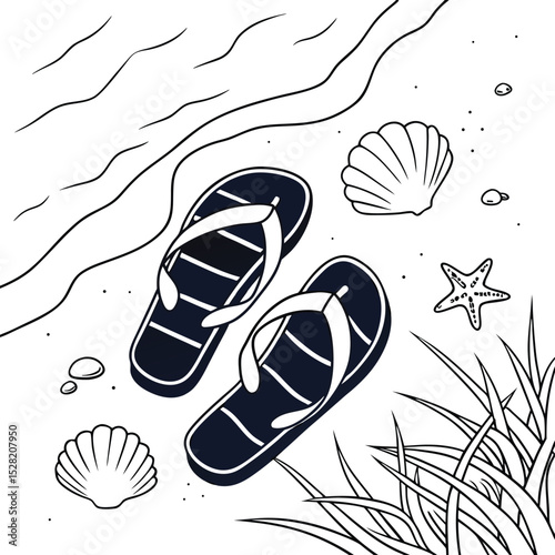 Vector illustration of summer beach flip-flops on the sand, isolated footwear perfect for a fashionable pair of shoes