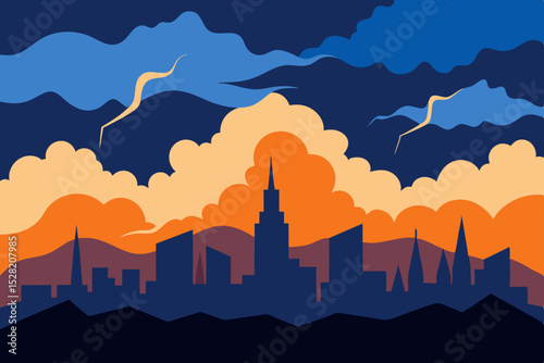 Vector silhouette illustration of a city skyline at sunset, with abstract urban architecture and distant mountains