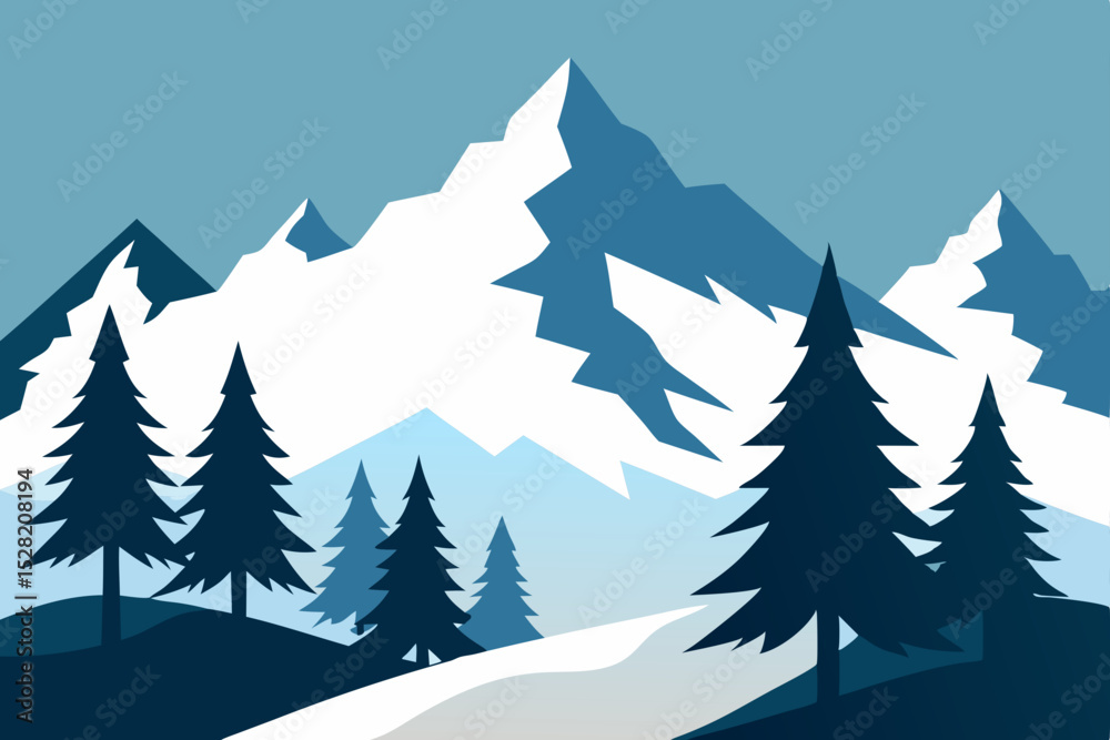 Fototapeta premium Mountain Majesty: Majestic snow-capped mountains rise above a tranquil valley, silhouetted against a clear sky, with evergreen trees framing the scene. 
