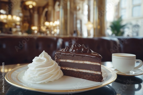 Sacher Torte Slice Served with Cream in Ornate Viennese Coffeehouse