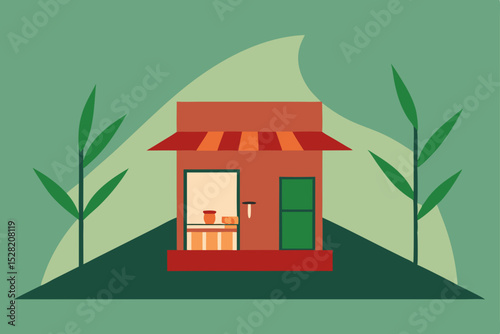 Small Shop in Serene: An illustrated small shop with an inviting red-striped awning stands amidst the backdrop of a serene, stylized landscape, embodying simplicity and charm.