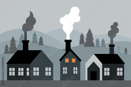 Industrial Silhouette: Capturing a stylized industrial scene with minimalist aesthetic, featuring geometric houses with smokestacks releasing clouds of smoke into the air, set against a serene.