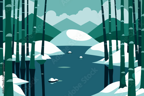 Winter Wonderland: A tranquil illustration of a snow-covered mountain landscape, depicting the beauty of a snowy forest, offering a serene and peaceful atmosphere.