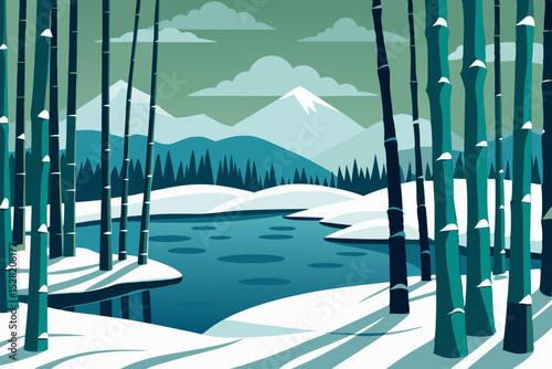 Winter Wonderland: A serene, digitally rendered scene of a snowy landscape featuring a tranquil lake surrounded by stylized bamboo trees and snow-covered mountains.