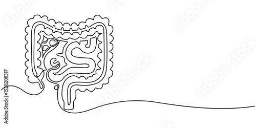 Continuous Line Drawing of Intestines Icon. Hand Drawn Symbol Vector Illustration, Surgery to remove part of the intestine and create a stoma. Saving a person's life. Ostomy Awareness Day.
