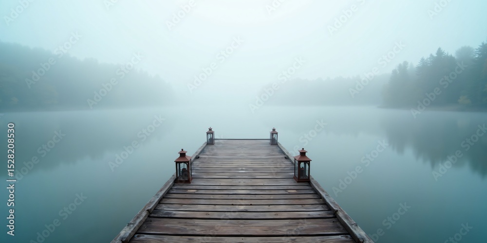 Naklejka premium Wooden Dock Extending Into Misty Lake