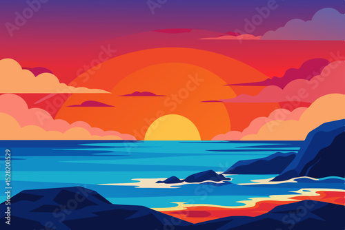 A beautiful sunset over the calm sea with clouds reflecting in the water near the beach
