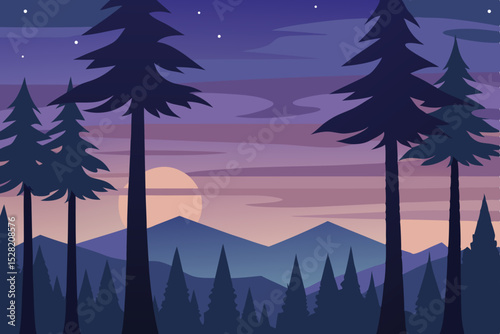 Moonlit winter forest landscape with snowy mountains and a blue sky at night