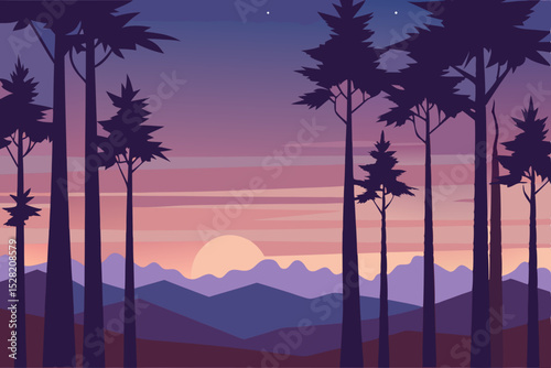 Tropical sunset silhouettes of palm trees over the serene sea and majestic mountains