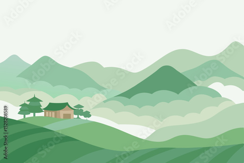 Lush rural landscape with a charming house nestled among green hills and trees under a summer sky