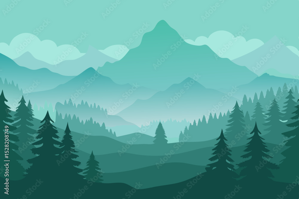 Fototapeta premium Snow-capped peaks pierce the sky, a vast mountain landscape shrouded in mist and pine forests, with clouds clinging to the winter trees
