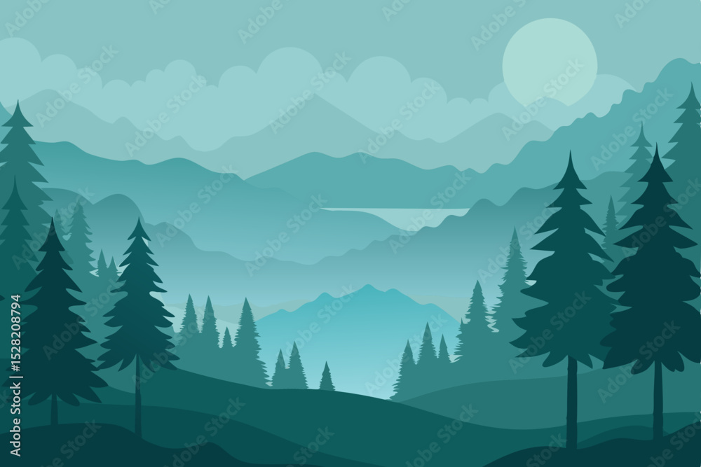 Fototapeta premium Winter mountain landscape with pine trees and a serene sky