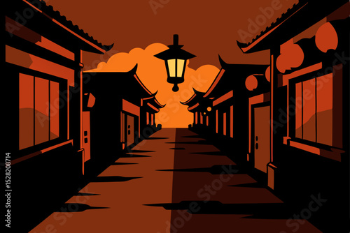 Spooky Halloween night in the ancient city, with old stone architecture casting long shadows through illuminated corridors and arched walkways