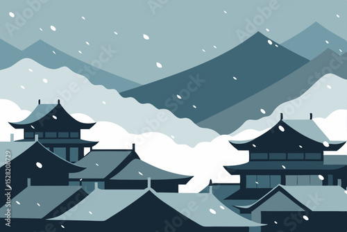 Snowy winter village landscape with a festive castle and cozy houses, featuring pine trees and a frosty sky