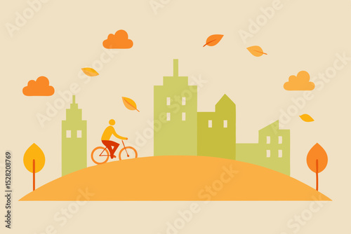Autumn city landscape vector illustration of town with houses and trees under a cloudy sky