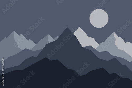 Moonlit mountain landscape with a man's silhouette, dramatic clouds and mist clinging to the peaks