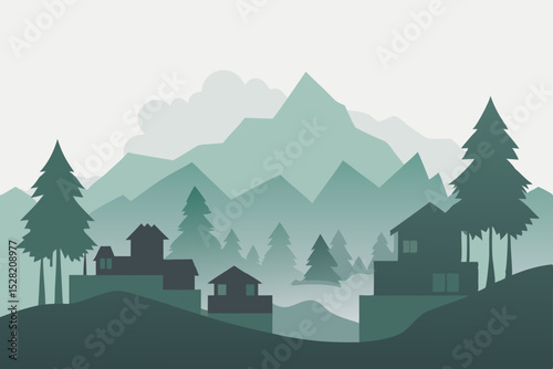 Vector illustration of a tranquil mountain forest landscape with distant village silhouettes under a blue summer sky