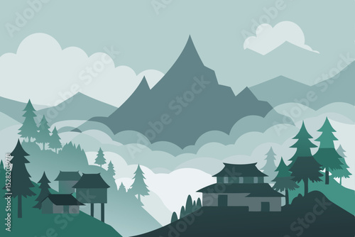 Mountain landscape with a view of snow-capped peaks, forest, and trees under a blue sky, often seen with fog or mist