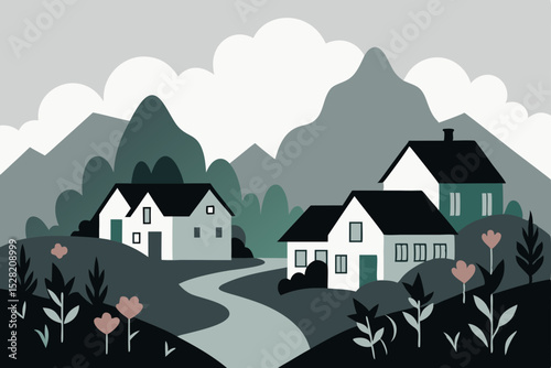 Mountain houses and homes in a natural landscape, featuring residential buildings and village architecture under the sky, ideal for real estate and construction design