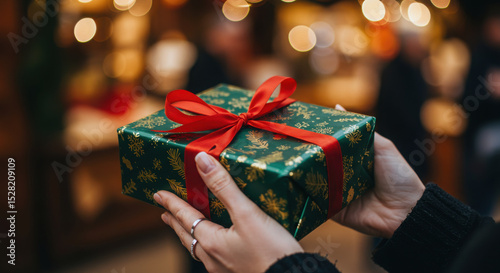 Woman hands holding a green Christmas present with a red ribbon at a market.