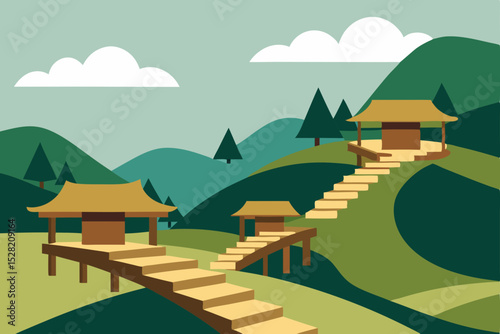 Vector illustration of a summer landscape with village houses, trees, and mountains under a blue sky