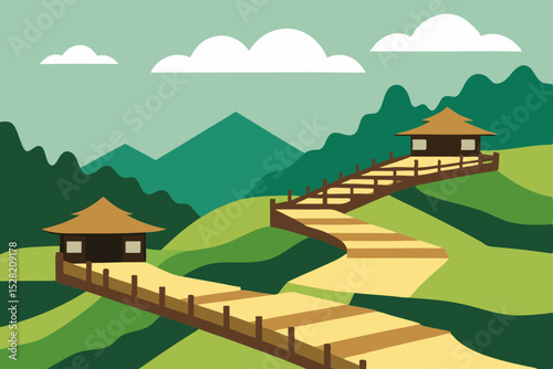 Illustrative vector landscape featuring a charming village house nestled among mountains, with a clear sky, green grass, and trees