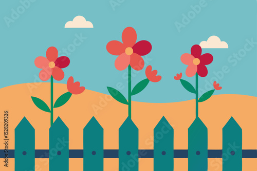 
Wooden picket fence with colorful flowers and green grass under a clear blue sky in a summer garden landscape