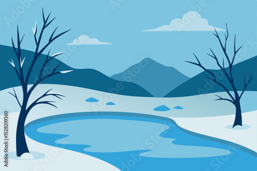 Cold blue winter mountain landscape with snow and frosty trees