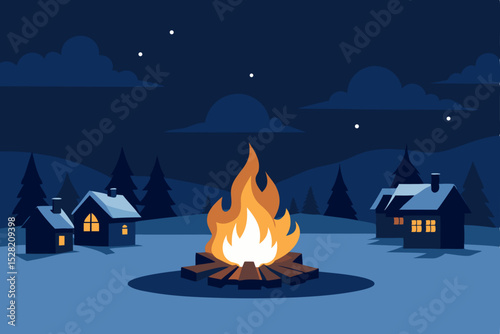 A burning house in a snowy, moonlit winter forest landscape with festive holiday lights