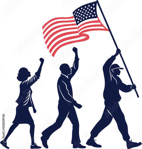 Silhouettes of people marching with raised fists and American flags, 