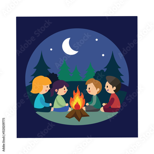 Happy Children Enjoying Campfire Night Under the Moon