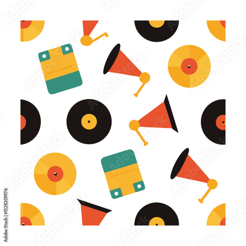 Seamless Retro Gramophone and Vinyl Record Pattern