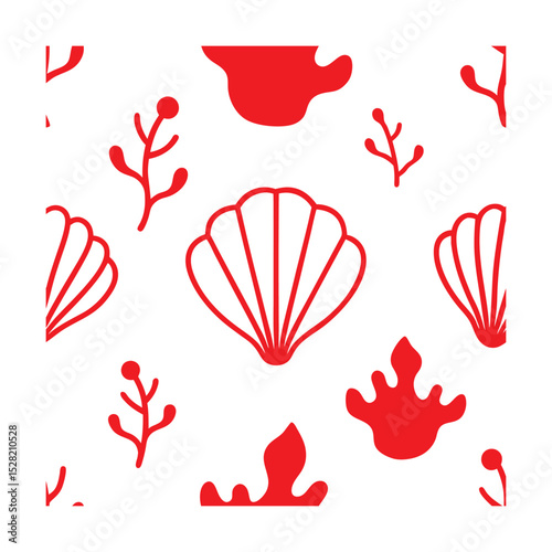Seamless Marine Seashell and Coral Red Pattern