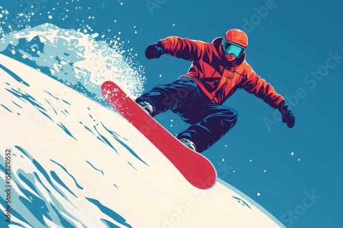 Snowboarder executing a dynamic mid air flip while descending a snowy slope, showcasing skill and agility against a vibrant blue sky