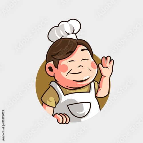 cute cartoon mascot logo of a fat male chef raising his hand