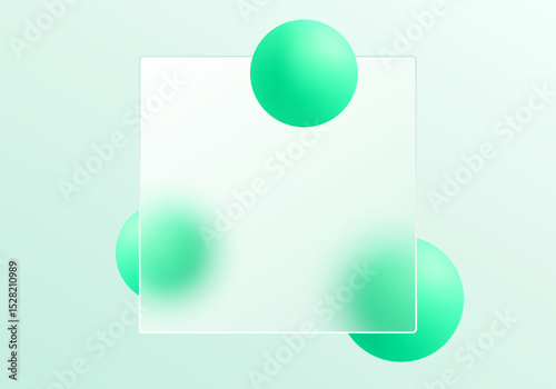 Mint green transparent glass panel with floating 3D spheres