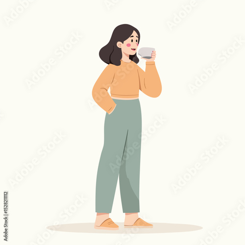 Woman in orange outfit sipping coffee – cute flat cartoon vector