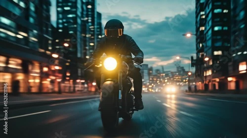 Nighttime motorcycle ride through illuminated urban cityscape