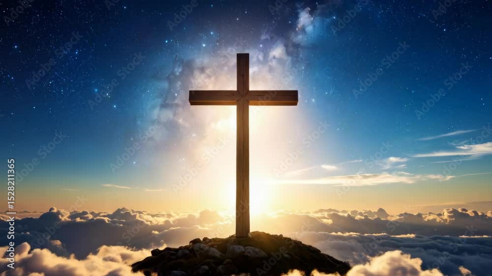 Wooden cross on a rocky hill surrounded by white clouds against a backdrop of a starry night sky and soft sunset glow Wooden cross on a rocky hill surrounded by white clouds against a backdrop of a starry night sky and soft sunset glow