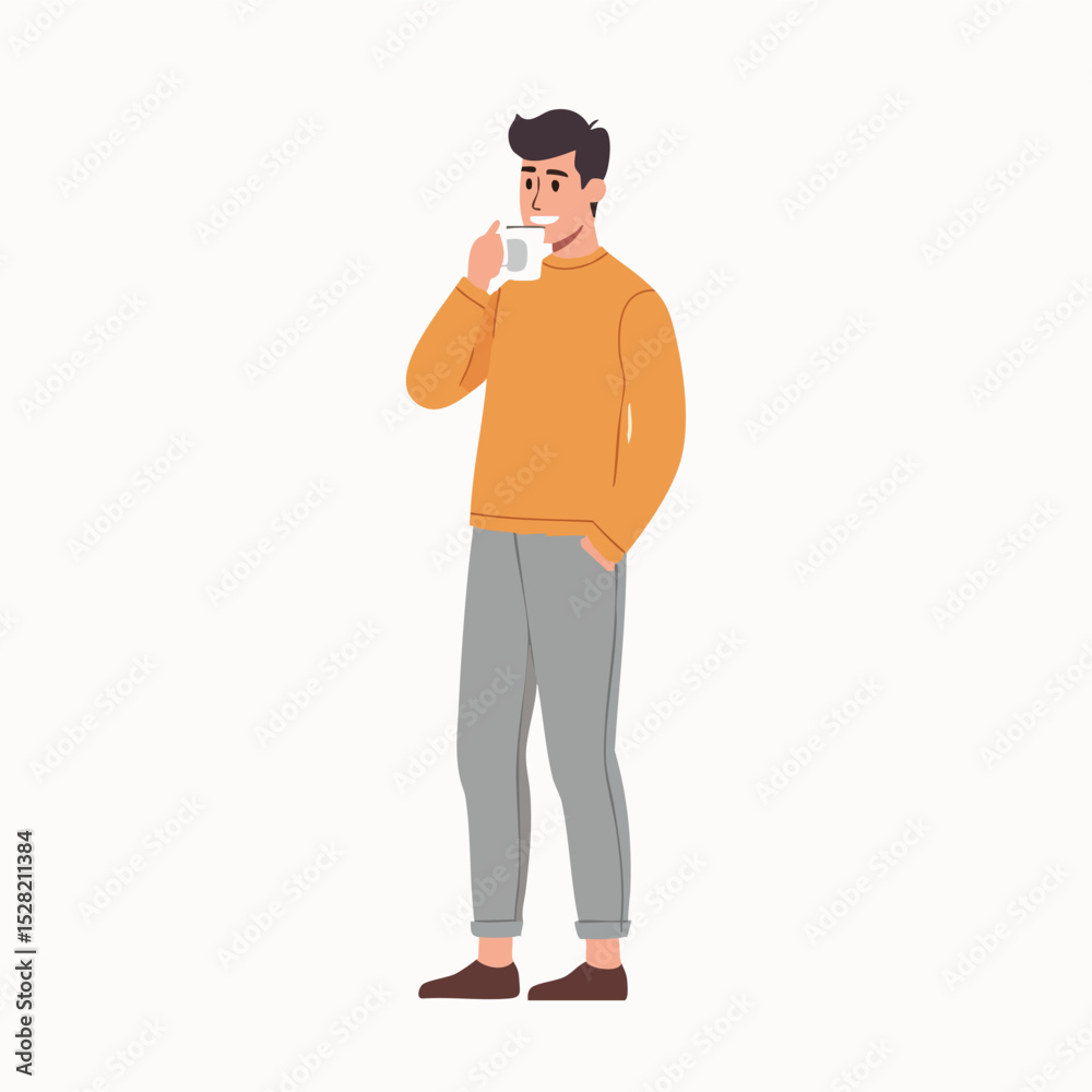 Obraz premium Young man in orange shirt drinking coffee – flat minimalist vector