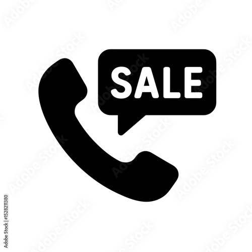 Phone receiver with SALE bubble representing sales call – solid black icon