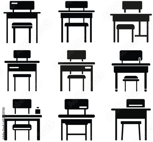 Simple Black and White School Desk and Chair Icons