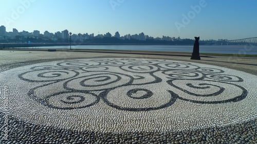 Intricate pebble mosaic design on a paved area.