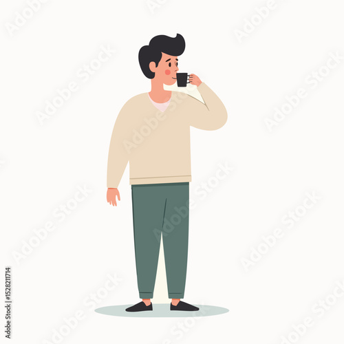 Curly-haired man enjoying coffee – relaxed flat vector cartoon